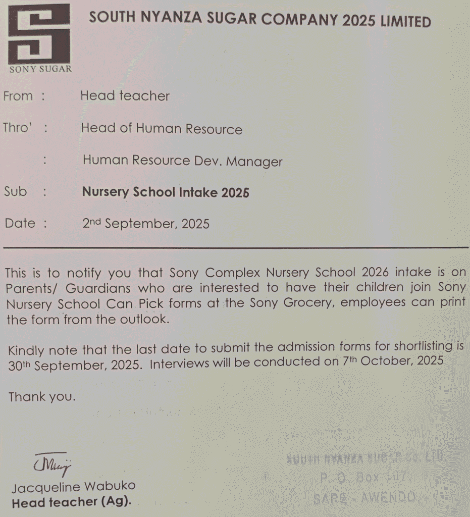 Sony Sugar HR Dev. Manager Nursery School Intake 2025